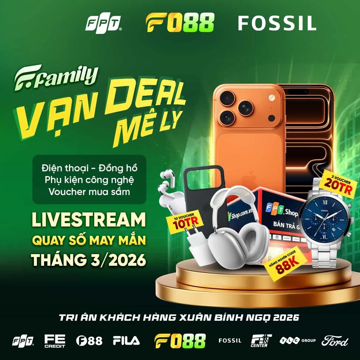 Hình ảnh giải thưởng iPhone 17 Pro Max 1TB trị giá 60 triệu đồng và loạt các voucher quà tặng khác từ FPT Shop & Fossil trong chương trình "F Family - Vạn Deal Mê Ly" được đăng tải trên trang Facebook chính thức của FO88. 