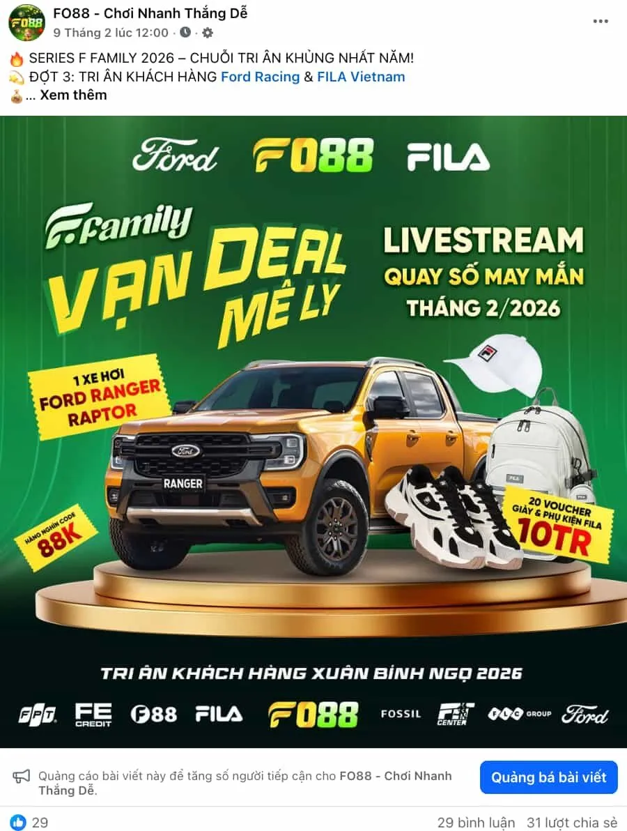 Các giải thưởng trong đợt 3 chương trình "F Family" bao gồm xe Ford Ranger Raptor trị giá 2 tỷ đồng và 20 voucher Fila 10 triệu đồng được FO88 công bố trên fanpage chính thức. Nguồn: Fanpage Fo88 - Chơi Nhanh Thắng Dễ 